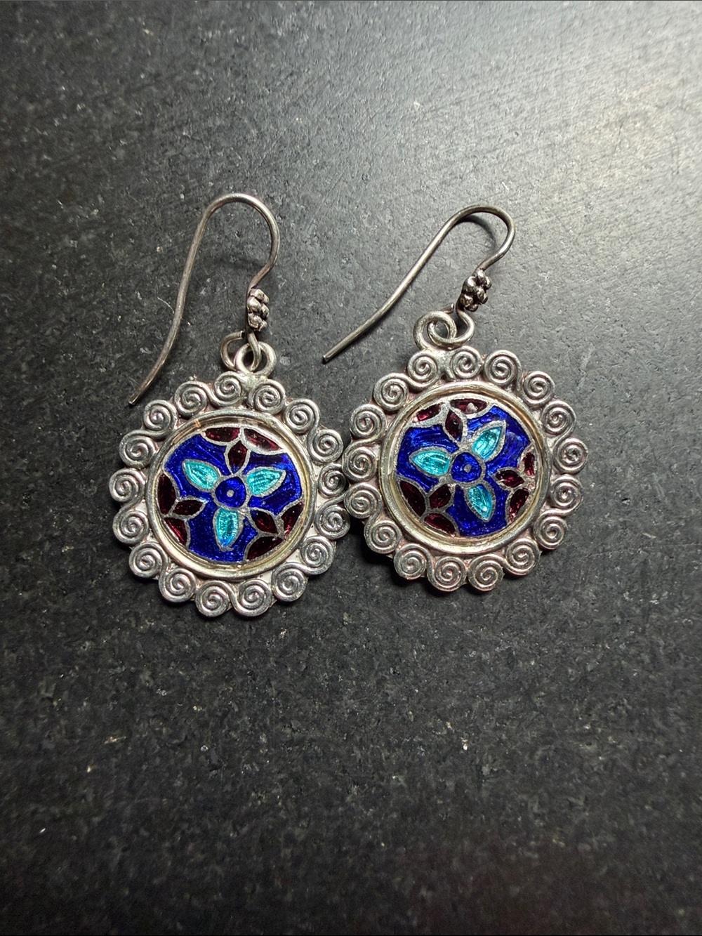 Circular Silver Dangling Earrings - Blue & Teal